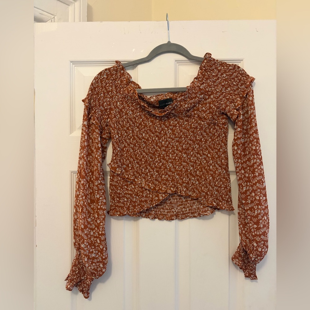 Lucy Paris Terracotta Floral Smocked Blouse, Off the Shoulder and Cropped